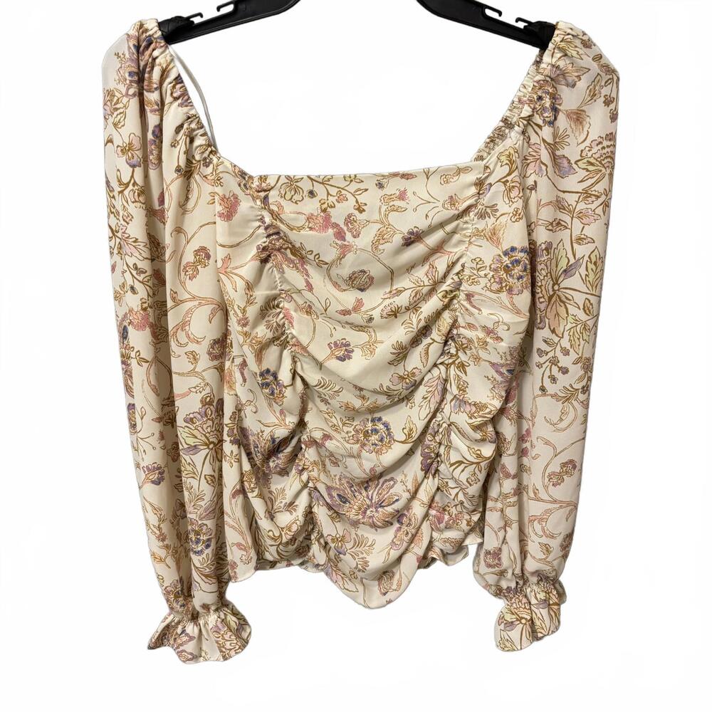 Vintage Style Floral Ruched Long Sleeve Blouse